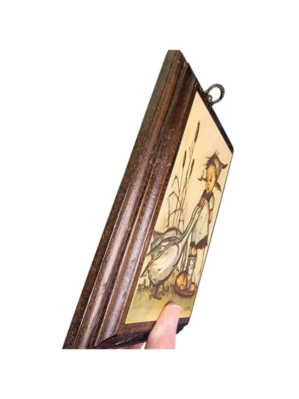 Vintage 40s Hummel Print on Wood Little Goose Girl Wall Hanging Plaque Home Deco